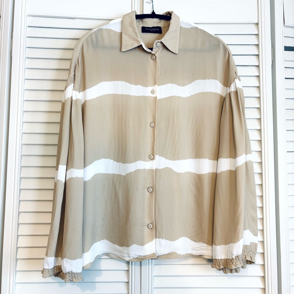 Piazza Sempione Beige and White Striped Button-Up Blouse